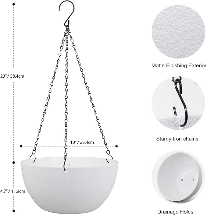 10 inch Hanging Planters for Indoor Outdoor Plants, 2 Pack Hanging Flower Pots with Drainage Holes and Chain for Garden Balcony Porch, Round Plastic Hanging Baskets for House Plants, White Meowell