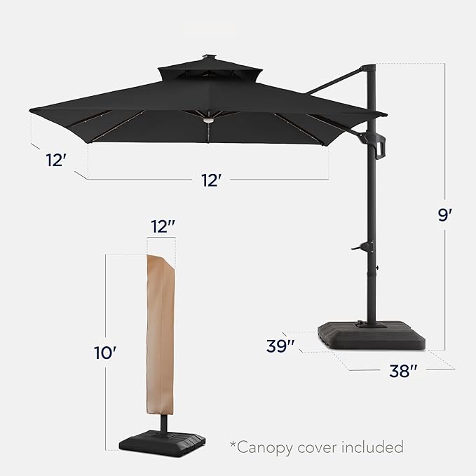 Best Choice Products 12x12ft LED Cantilever Patio Umbrella w/Base Included & 360° Rotation, Large Solar Offset Hanging Outdoor Sun Shade for Deck, Backyard Table w/Stand & Lights – Gray BestChoiceProducts