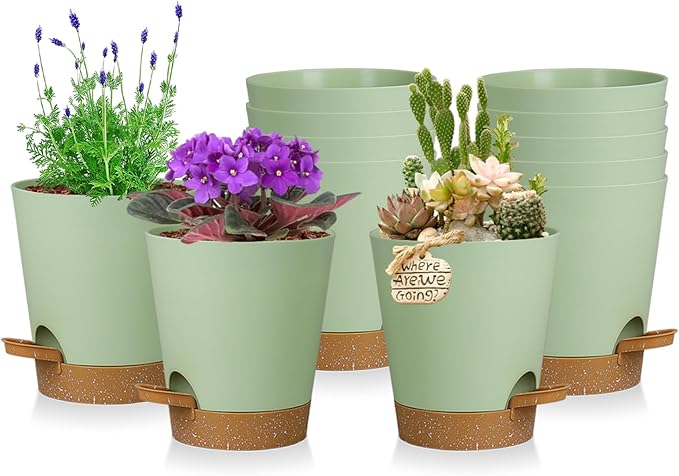 12 Pack 4 Inch Self Watering Plant Pots with Drainage and Saucers，Plastic Flower Pots for Indoor and Outdoor Plants, Nursery Planters for Houseplants and Herbs Green Brown, 4 inch 12pcs zople