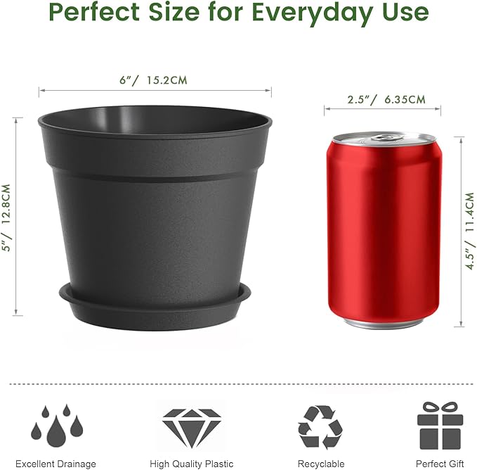 10 Pack 6 Inch Plant Pots with Drainage and Saucers, Black Plastic Flower Pots for Indoor and Outdoor Plants, Stackable Nursery Planters for Houseplants and Herbs, Black SwinDuck