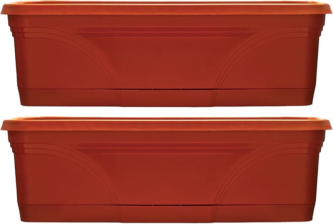 Southern Patio 36 Inch Rectangular Plastic Medallion Hanging Windowsill and Garden Box Planters with Drainage Holes, Terracotta (2 Pack) SouthernPatio