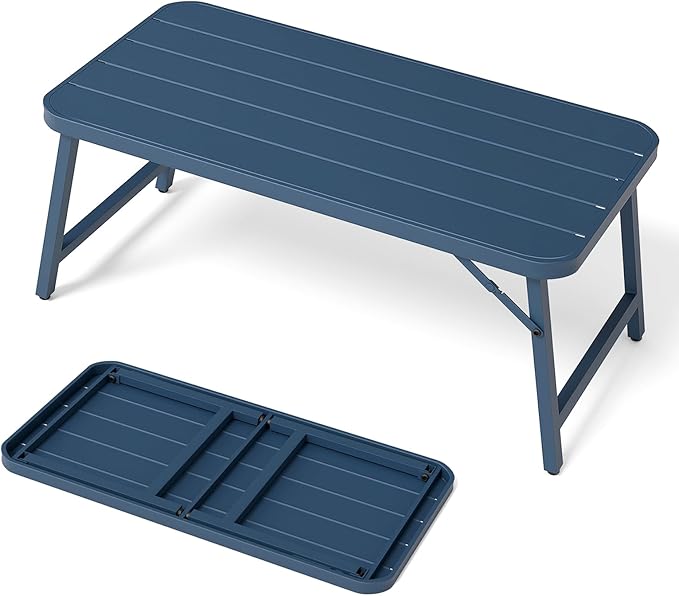 VINGLI Outdoor Folding Coffee Table, Rectangle Drainable Iron Patio Table for Balcony, Porch, and Living Room, Blue VINGLI