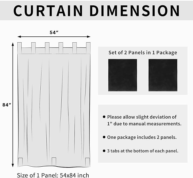 Easy-Going Outdoor Patio Curtains Detachable Tab Top Windproof Weatherproof Curtain for Cabana, Porch, Pergola and Gazebo, Tab Bottom Drape, 2 Panels, 54W x 84L inch, Black Easy-Going