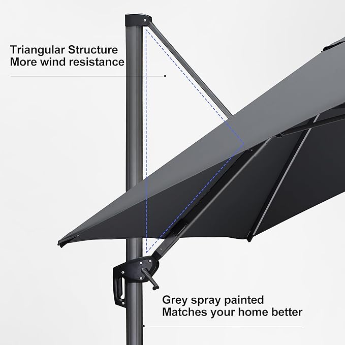 PURPLE LEAF 10 Feet Patio Umbrella Outdoor Cantilever Solar Powered LED Square Umbrella Aluminum Offset Umbrella with 360-degree Rotation for Garden Deck Pool Patio Light Grey PURPLELEAF