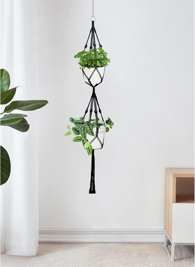 Belit 2 Pack Double Macrame Plant Hangers 2 Tier Hanging Planter Basket Decorative Flower Pot Holder Rope for Indoor Outdoor Home Decor 51 Inch, Black Belit