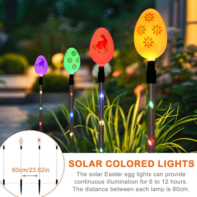 8 PCS Solar Easter Eggs Stake Lights, IP65 Waterproof Multicolor Outdoor Easter Pathway Lights Auto On/Off Solar Stake Light for Lawn Landscape Yard Patio Decorations Rootora