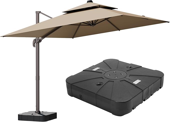 10x13FT Beige Brown Cantilever Outdoor Patio Umbrella with Base, Large Rectangular Offset Design, Double Top Heavy Duty Aluminum Frame & 360° Rotation for Pool Garden Deck Backyard ZLACUIU