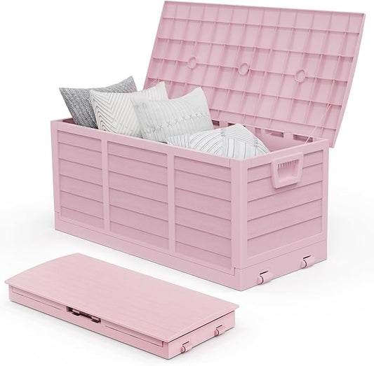 VINGLI 75 Gallon Collapsible Outdoor Storage Box, Simple-to-assemble Plastic Storage Containers with Lid, Patio Deck Box Furniture for Garden, Pool, Balcony, Yard (Pink) VINGLI