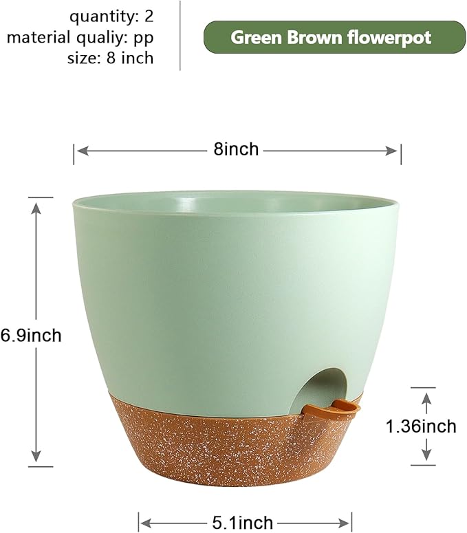 8 inch Self Watering Pots, 2 Pack Plastic Planters with Mesh Drainage Holes for Garden Plants and Flower, Plants Pots with Deep Reservoir for Indoor Outdoor Plants, Green with Brown WSMKSZ