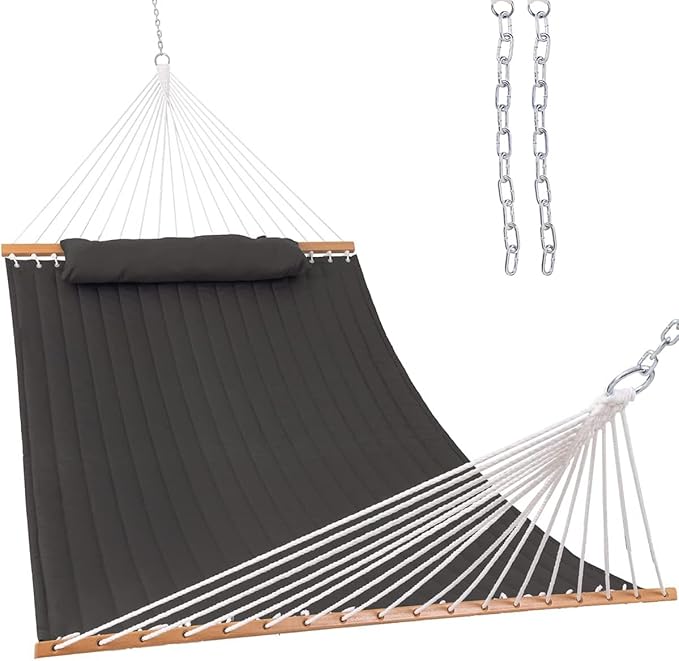 Lazy Daze Hammocks 12 FT Double Quilted Fabric Hammock with Spreader Bar and Detachable Pillow, 2 Person Double for Outside Patio Poolside Backyard Beach, 450lbs Capacity, Gray LazyDazeHammocks