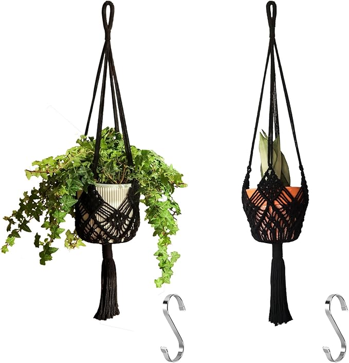 Hanging Planter with Patterns,2Packs Macrame Plant Hangers Indoor Macrame for up to 8 inch Pot Crochet Boho Plant Hanger Holder for Indoor Outdoor with 2S Shaped Stainless Steel Hooks (Black) XINBOR