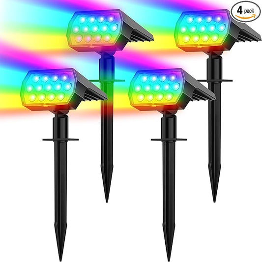 Solar Spot Lights Outdoor Color Changing,[7 Modes/4 Pack] Christmas IP65 Waterproof Landscape Spotlights, Dusk to Dawn Solar Powered Security Light for Patio Gate Walkway Pool Garden Yard Driveway Flaow