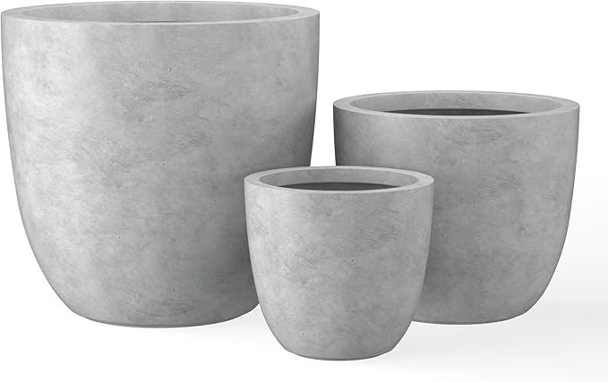 Kante 18",14",10" Dia Concrete Round Planters (Set of 3), Outdoor Indoor Large Planter Pots with Drainage Hole and Rubber Plug for Home Patio Garden, Natural Concrete Kante