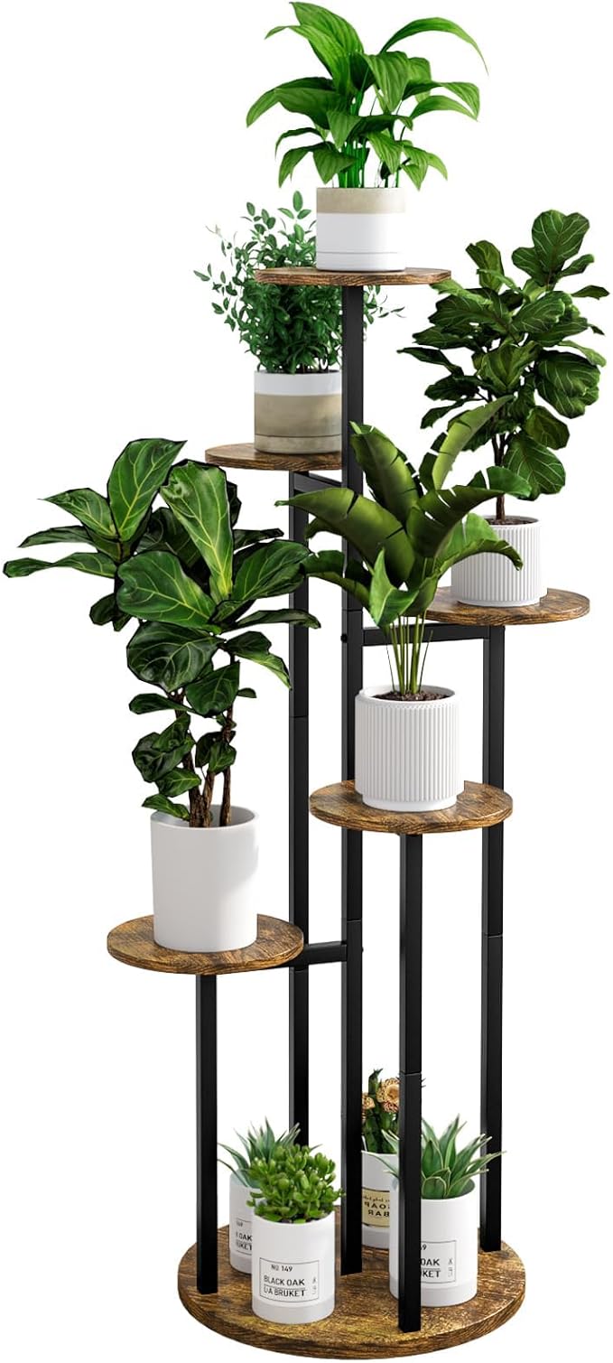 Plant Stand Indoor 6 Tier 9 Potted Multiple Flower Pot Holder for Patio Garden Balcony Living Room Corner (6 Tier Black+Rustic Brown) INGIORDAR