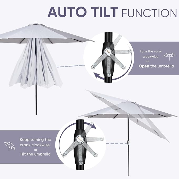 Tempera Patio Market Outdoor Table Umbrella with Auto Tilt and Crank, Large Sun Umbrella with Sturdy Pole & Fade Resistant Canopy, Easy to Set TemperaPatioLife