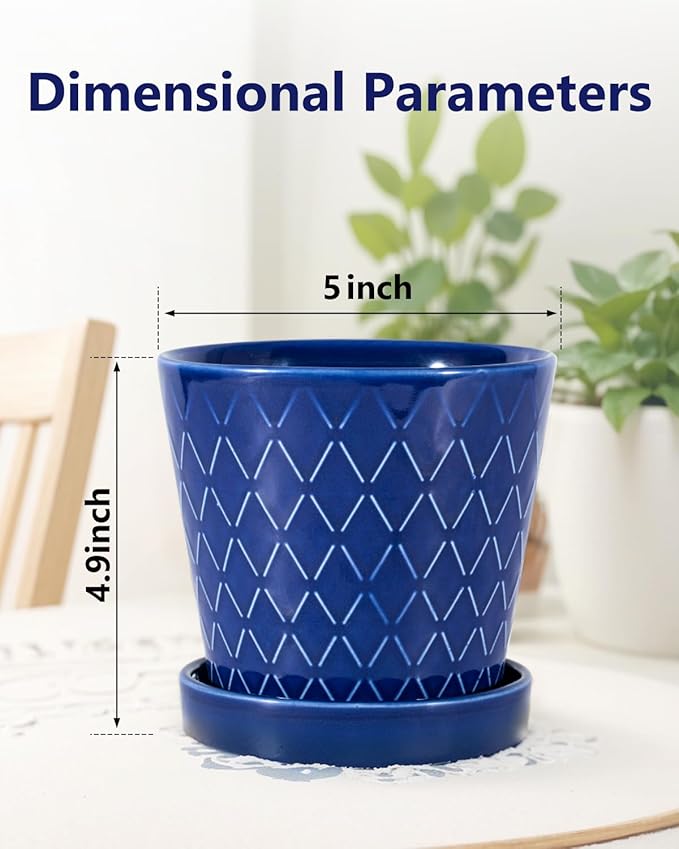 EFISPSS Ceramic Plant Pots, 5Inch Pots for Indoor Plants, Planters with Drainage Holes and Ceramic Tray,Plant Lover Gift, Desktop Office Windowsill Decoration Gift Set of 4 - Blue EFISPSS
