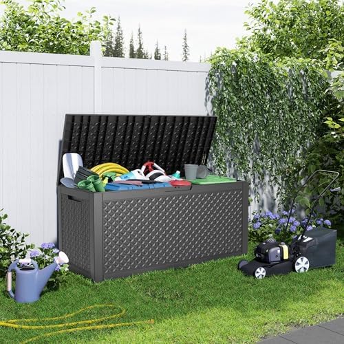 ROJIK Outdoor Storage Housing Deck Box - Waterproof Patio Furniture, Garden Tools, Cushions, Pool Accessories Storage Bench with Lockable Lid and Side Handles (Black,125 Gal) ROJIK