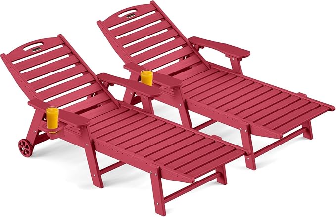 Outdoor Chaise Lounge Chair Set of 2, Patio Lounge Chairs for Outside, HDPE Lounge Chair with Wheels & Cup Holder, Poly Chair with 5 Position for Poolside, Deck, Red CIOKEA