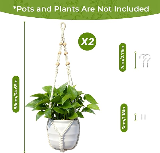 Macrame Plant Hanger, Up to 4-15 inch Pots, Wood Beads Cotton Hanging Planter Holder for Indoor Outdoor Boho Home Decor, 35 Inch, Set of 2 (Ivory) Rootora