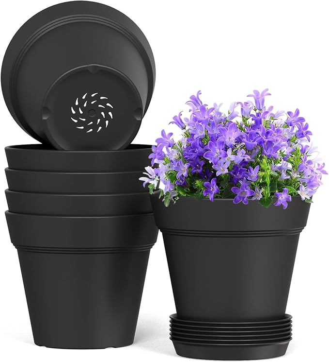 7 Inch Thick Plastic Plant Pots with Drainage Holes and Trays – 6 Pack Nursery Pots for Indoor & Outdoor House Plants, Seedling Starter Planters for Garden Flowers, Matte Black WSMKSZ