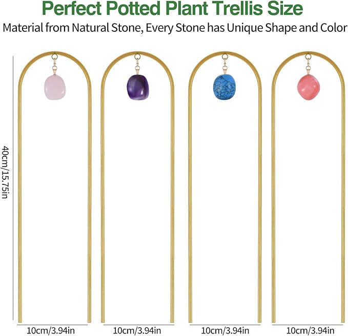 Plant Trellis for Climbing Plants, 15.75 inch Garden Small Metal Arch Glod Trellis for Potted Plants Indoor Outdoor with Natural Stone Decor for Vine Ivy Flower Support 4 Pack WellSign