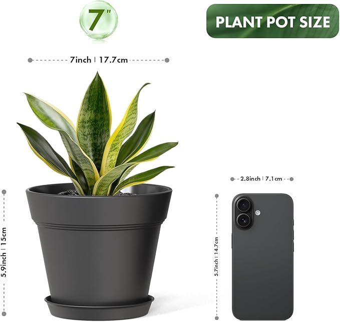 7 Inch Thick Plastic Plant Pots with Drainage Holes and Trays – 6 Pack Nursery Pots for Indoor & Outdoor House Plants, Seedling Starter Planters for Garden Flowers, Matte Black WSMKSZ