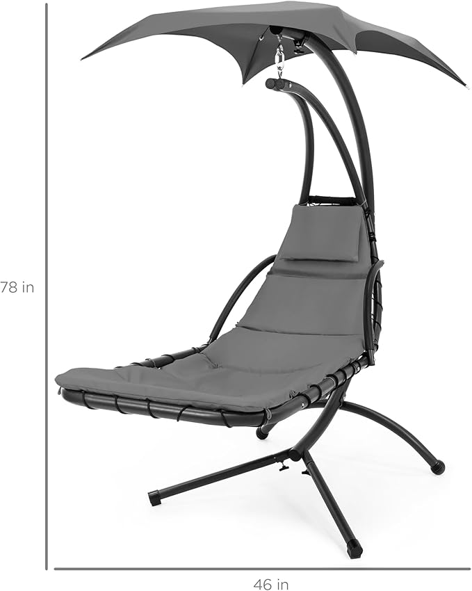 Best Choice Products Outdoor Hanging Curved Steel Chaise Lounge Chair Swing w/Built-in Pillow and Removable Canopy - Charcoal Gray BestChoiceProducts