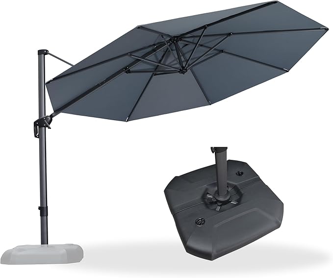 PURPLE LEAF 11 Feet Patio Umbrella with Base Outdoor Cantilever Round Umbrella Aluminum Offset Umbrella with 360-degree Rotation for Garden Deck Pool Patio Light Grey PURPLELEAF