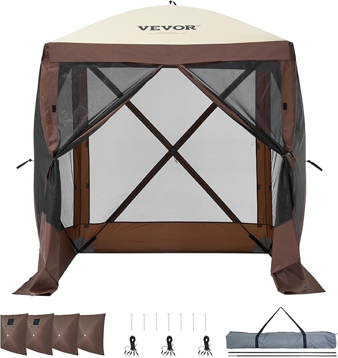 VEVOR Pop Up Gazebo Tent, Pop-Up Screen Tent 4 Sided Canopy Sun Shelter with 4 Removable Privacy Wind Cloths & Mesh Windows, 6x6FT Quick Set Screen Tent with Mosquito Netting, Brown VEVOR