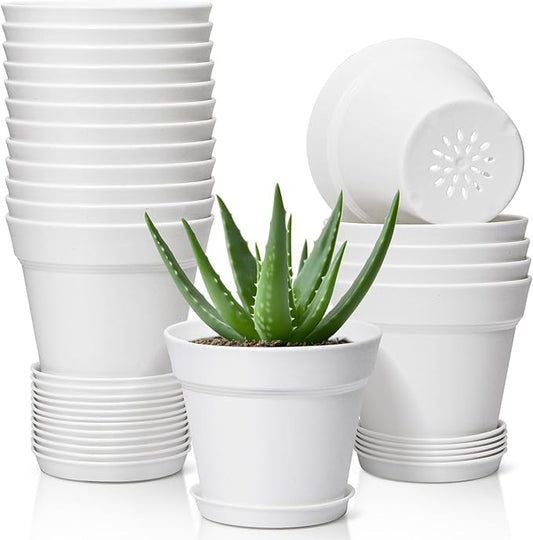 T4U Flower Pots 18-Pack, 5 Inch Plant Pot with Saucer and Drainage Hole, Durable Plastic Flower Pots, Small Pots for Plants, Violet, Succulent and Indoor Plant Decorative (18 Pack 5" Pot, White) T4U