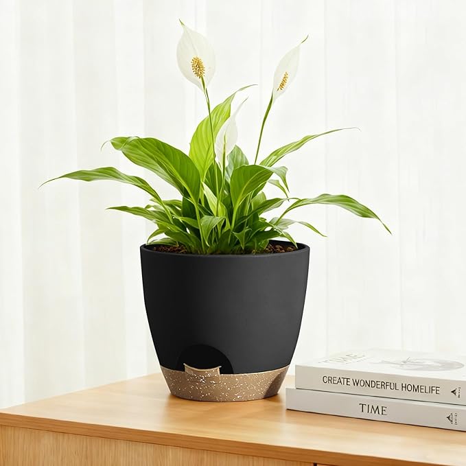 Plant Pots 8/7.5/7/6.5/6 Inch Self Watering Pots,5 Pack Planters with Drainage Holes and Saucers,Plastic Flower Pots,Nursery Planters for Indoor Outdoor Plants (Black) Rootora