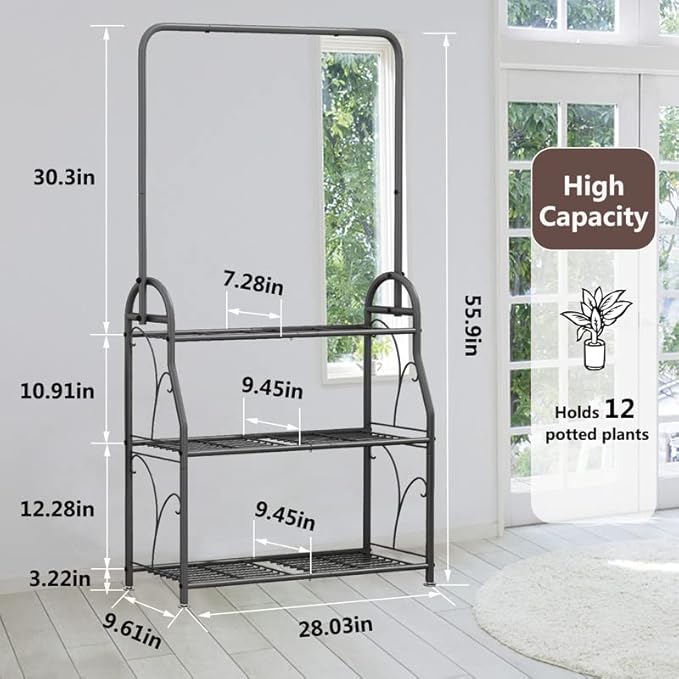 SORCEDAS Plant Stand Indoor Outdoor 3 Tier Tall Corner Hanging Plant Shelf Metal Flower Stands Ladder Plant Holder for Living Room Balcony Garden Patio Multiple Plants, Dark Grey SpecialYourHome