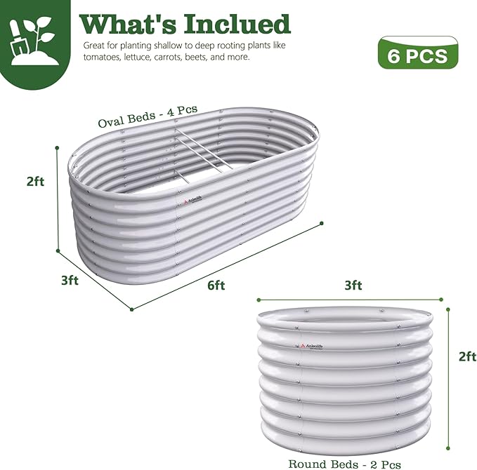A ANLEOLIFE Set of 6 24 Inch Tall Antique White Raised Garden Beds Kit, Oval & Round Metal Planters – Ideal for Backyard Vegetables Flowers Herbs AAnleolife