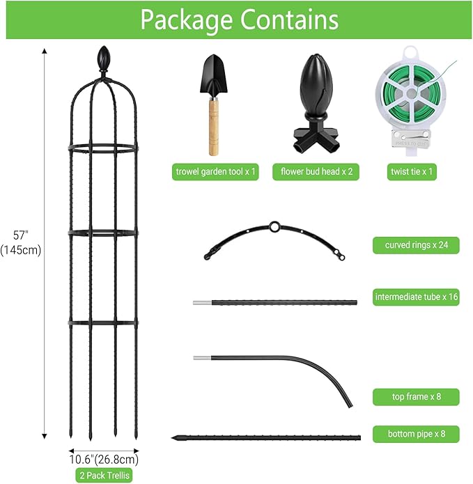 2 Pack 5Ft Tall Garden Obelisk Trellis for Climbing Plants Outdoor, Plant Trellis Garden Tower Trellis for Potted Plant Climbing, Flowers Vegetable Cucumber Trellis Huvai