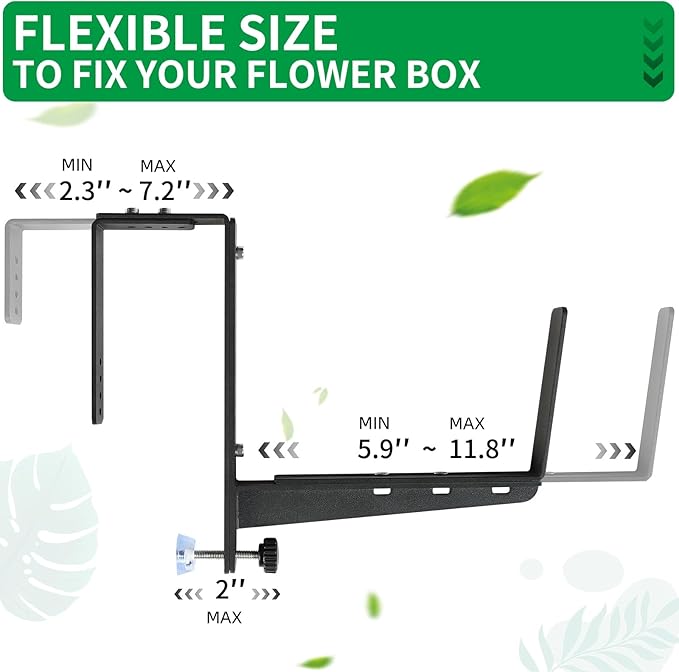 Window Box Brackets, Adjustable Planter Box Brackets, Heavy Duty Iron Flower Box Brackets for Railings, with Enhanced Bottom Support - Perfect for Balconies, Fences, and Gardens (Black, 4 Pack) VOXOR