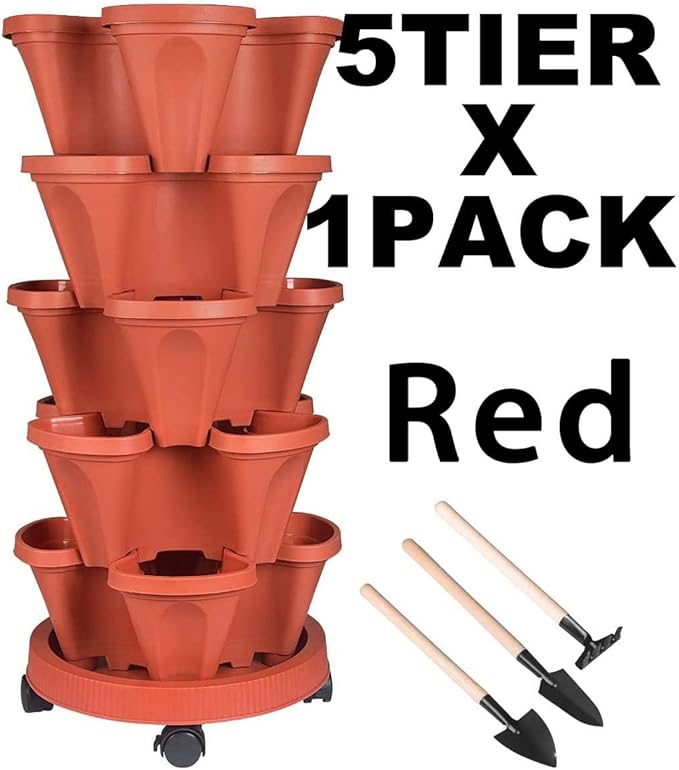 GameXcel Vertical Planter 5 Tier Stackable Planters Garden Planters Strawberry Herb Flower and Vegetable Planter Indoor Outdoor Gardening Pots with Removable Wheels and Tools GameXcel