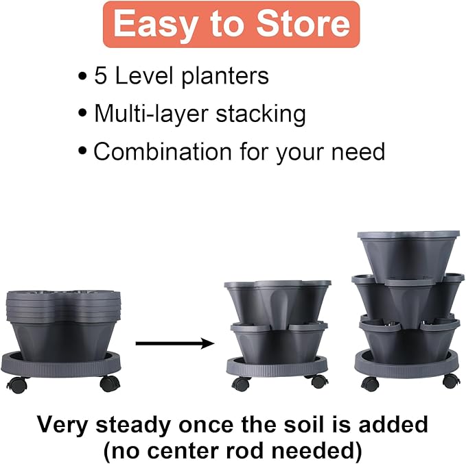 DUNCHATY Stackable Planter, Vertical Garden Planter with Wheels and Garden Tools, Strawberry Planter Indoor/Outdoor 5 Tier Herb Planter Pots for Growing Vegetables and Succulents,Dark Gray DUNCHATY