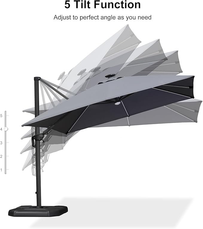 PURPLE LEAF 10 Feet Patio Umbrella with Base Outdoor Cantilever Solar Powered LED Swivel Square Umbrella Aluminum Offset Umbrella with 360-degree Rotation for Garden Deck Pool Patio Light Grey PURPLELEAF