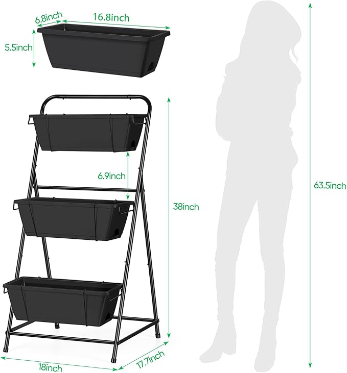 Raised Garden Bed 3 Tier Vertical Garden Planter Elevated Planter Boxes Outdoor Herb Planter with Drainage Holes Removable Tray for Patio Balcony Porch Black BTY