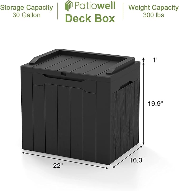 Patiowell 30 Gallon Resin Deck Box, Outdoor Storage Box for Patio Furniture, Deliveries, Pool Supplies,Waterproof and Lockable, Black Patiowell