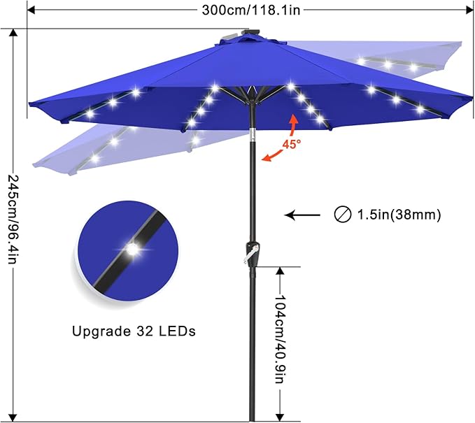 ABCCANOPY Solar Led Patio Umbrellas with 32LED Lights 11FT (Blue) ABCCANOPY