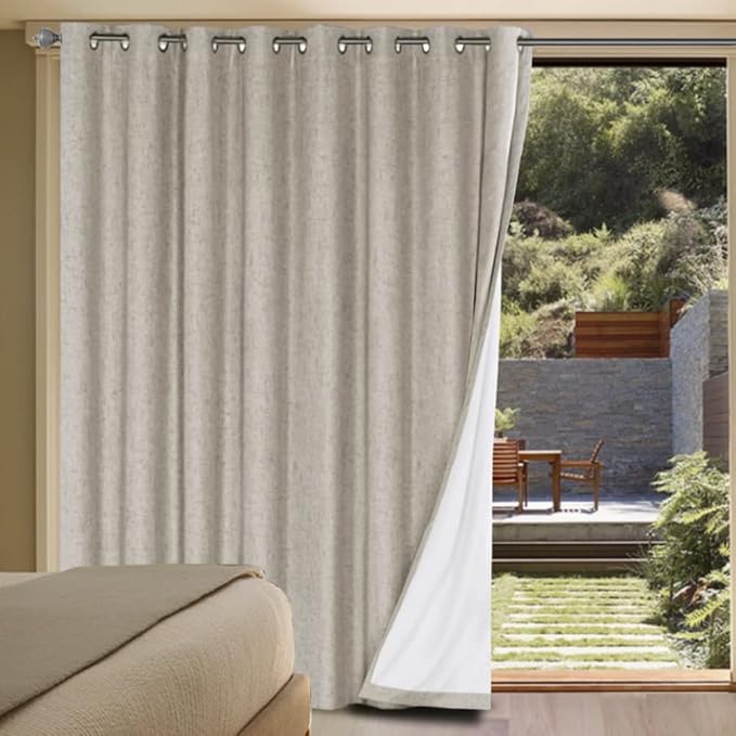 H.VERSAILTEX Linen Blackout Curtains Durable Thick Textured Linen Look 100% Blackout Patio Door Curtain Anti Rust Grommet Extra Wide Sliding Door Curtain Panel, W100 x L108 inch - Stone HVERSAILTEX