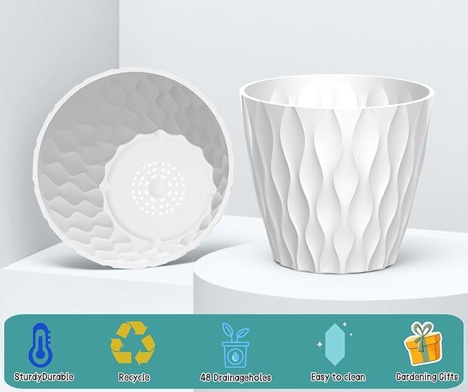 6 Pack 7 Inch Plant Pots with Drainage and Saucers, White Plastic Flower Pots for Indoor and Outdoor Plants, Stackable Nursery Planters for Houseplants and Herbs, White zople