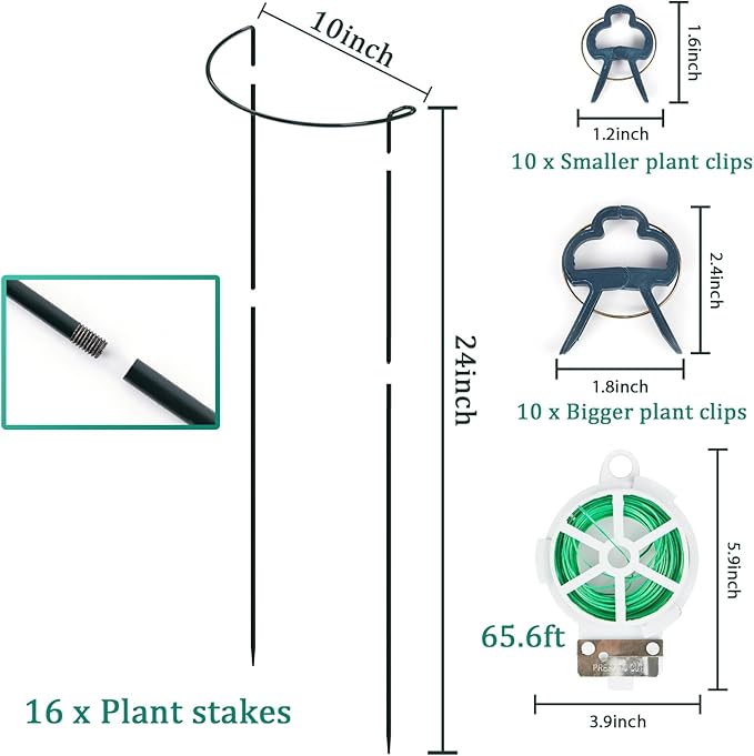 16 Pack 24 inch Plant Support Stakes, Half Round Peony Cage and Support, Adjustable Plant Support Stand with Clips & Twist Tie Garden Stakes for Indoor Outdoor, Heavy Duty Plant Support Ring Linyona