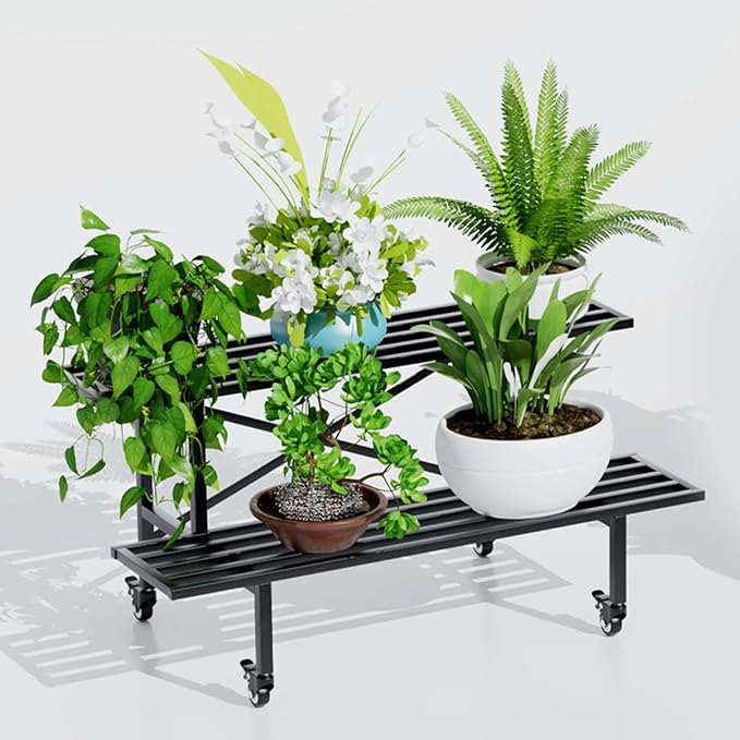 Zhongma 2 Tier Sturdy Metal Plant Stand with Wheels, L35.43 x W17.5 x H16.14 inch, Heavy Duty Plant Holder for Home Indoor and Outdoor,440 LBS Capacity & Heavy Duty Construction Zhongma