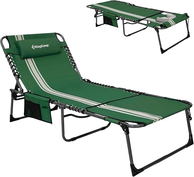 KingCamp Tanning Chair with Face Hole, Lounge Chairs Outdoor Folding Comfy Adjustable 5-Position Lay Flat Foldable Chaise Chaser Lounger for Outside Beach Patio Sun Bathing Pool, Green/White KingCamp