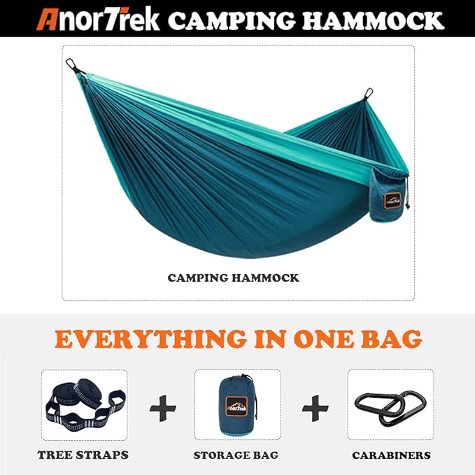 Camping Hammock, Super Lightweight Portable Parachute Hammock with Two Tree Straps Single or Double Nylon Travel Tree Hammocks for Camping Backpacking Hiking AnorTrek