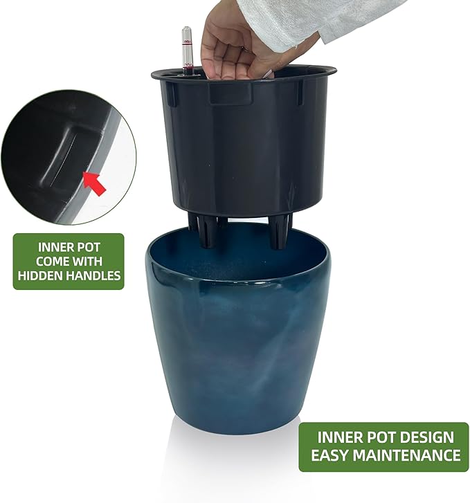 Dexceder 9x8 Inches Self Watering Planter Indoor Outdoor, Inner Pot Design, Thickened Table Flower Plant Pot with Water Level Indicator (Grayish Green Gradient) Dexceder
