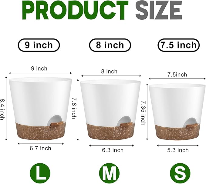 Indoor Outdoor Plant Pots- Self Watering Planters with Drainage Holes and Saucers, 9,8, 7.5 Inches, 3 Pots (Snow) AFamilyofGardenLovers