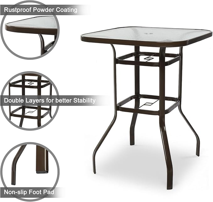 VINGLI Outdoor Bar Table with Umbrella Hole, Metal Patio Bar Height Pub Table for Patio High Top (Brown) VINGLI